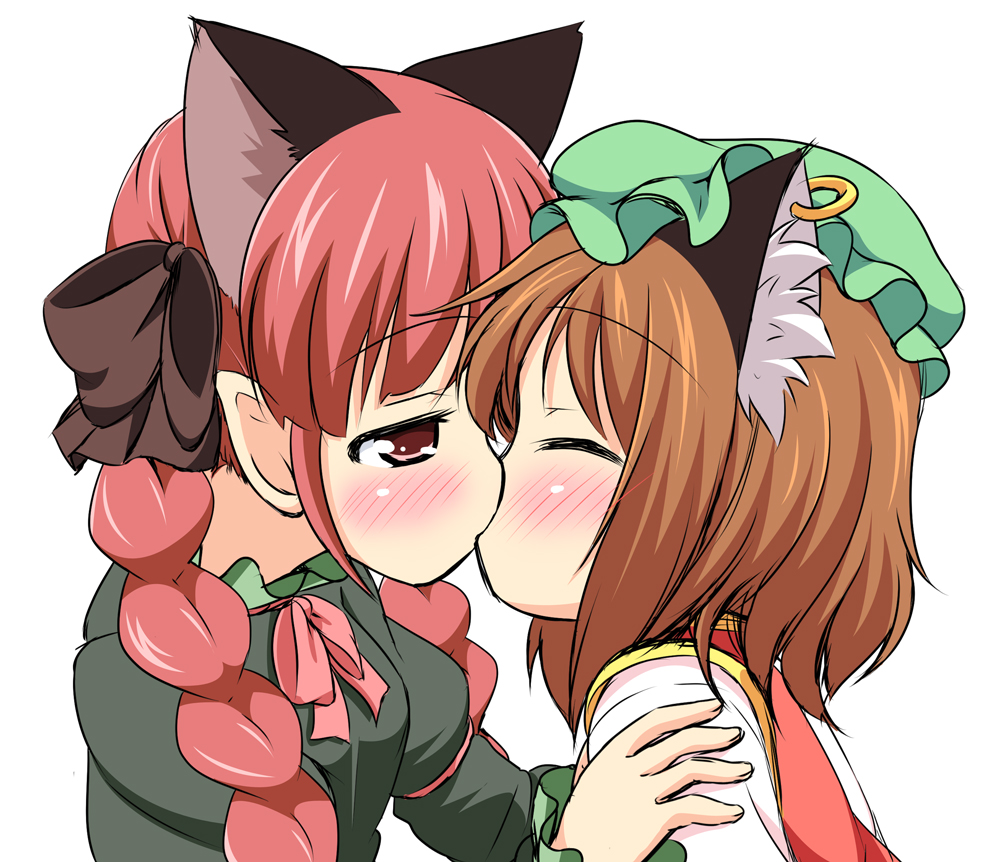 2girls, animal_ears, blush, bow, braid, brown_hair, cat_ears, chen
