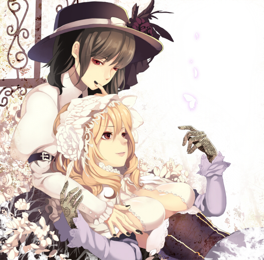 2girls, black_hair, blonde_hair, breasts, couple, gloves, hat, hat_ribbon