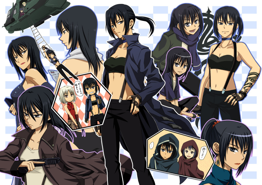 alphard, alternate_hairstyle, bare_shoulders, black_hair, blonde_hair, blue_hair, brown_eyes, canaan