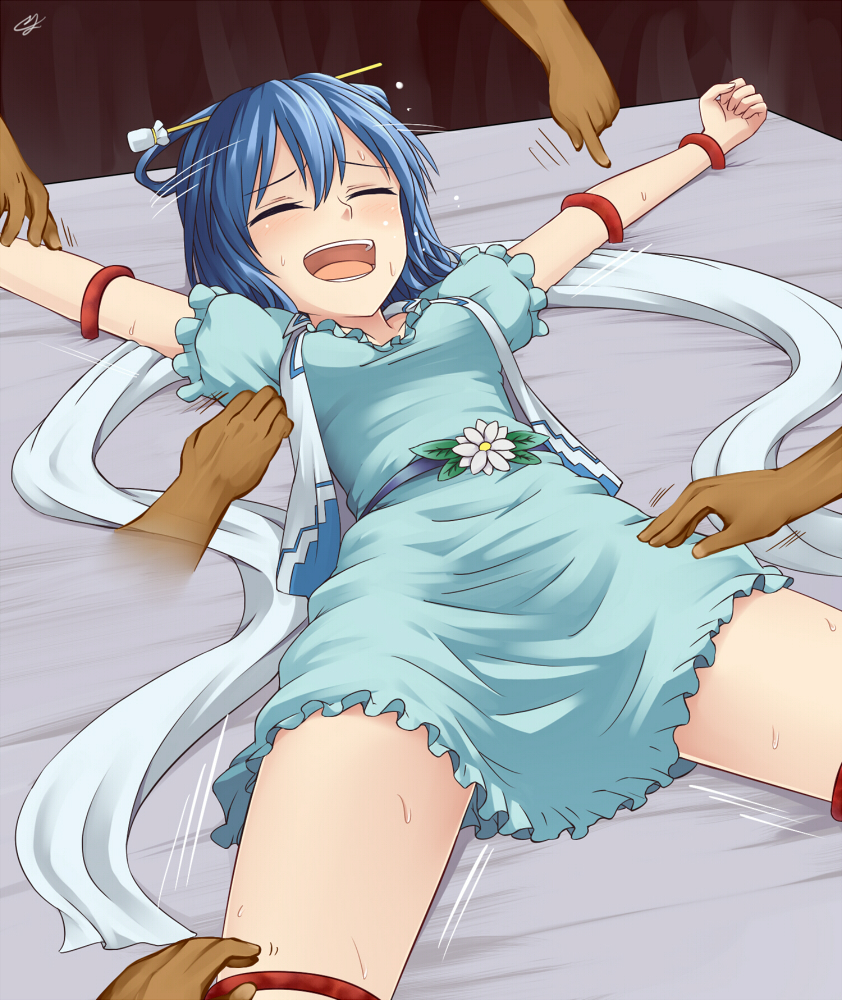 1girl, ^_^, blue_dress, blue_hair, closed_eyes, dress, hair_ornament, hair_rings