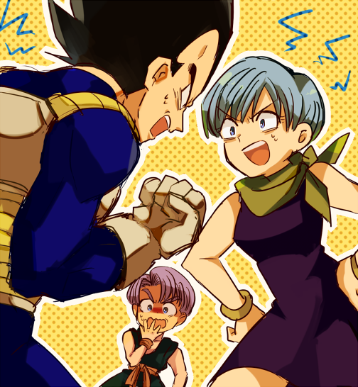 1girl, 2boys, armor, black_eyes, black_hair, blue_hair, bracelet, bulma