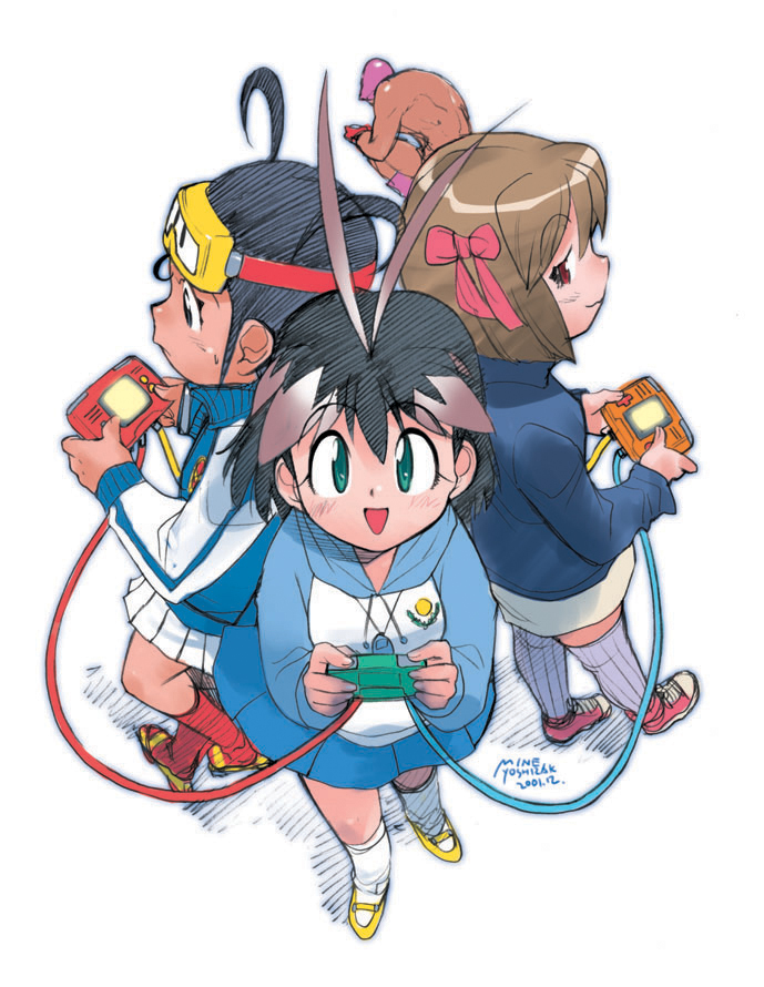 ahoge, antenna_hair, arcade_gamer_fubuki, black_hair, bow, brown_hair, character_request, frown, game_boy, game_boy_advance, game_link_cable, goggles, gokubunji_hanako, green_eyes, hair_bow, hanako_kokobunji, hoodie, jumonji_chizuru, juumonji_chizuru, kneehighs, mary_janes, mine, mr.mystery, multicolored_hair, multiple_girls, mystery, nintendo_gameboy_advance, open_mouth, sakuragasaki_fubuki, shadow, shoes, shooter, short_hair, simple_background, skirt, smile, sneakers, sweatdrop, thigh-highs, thighhighs, yoshizaki, yoshizaki_mine
