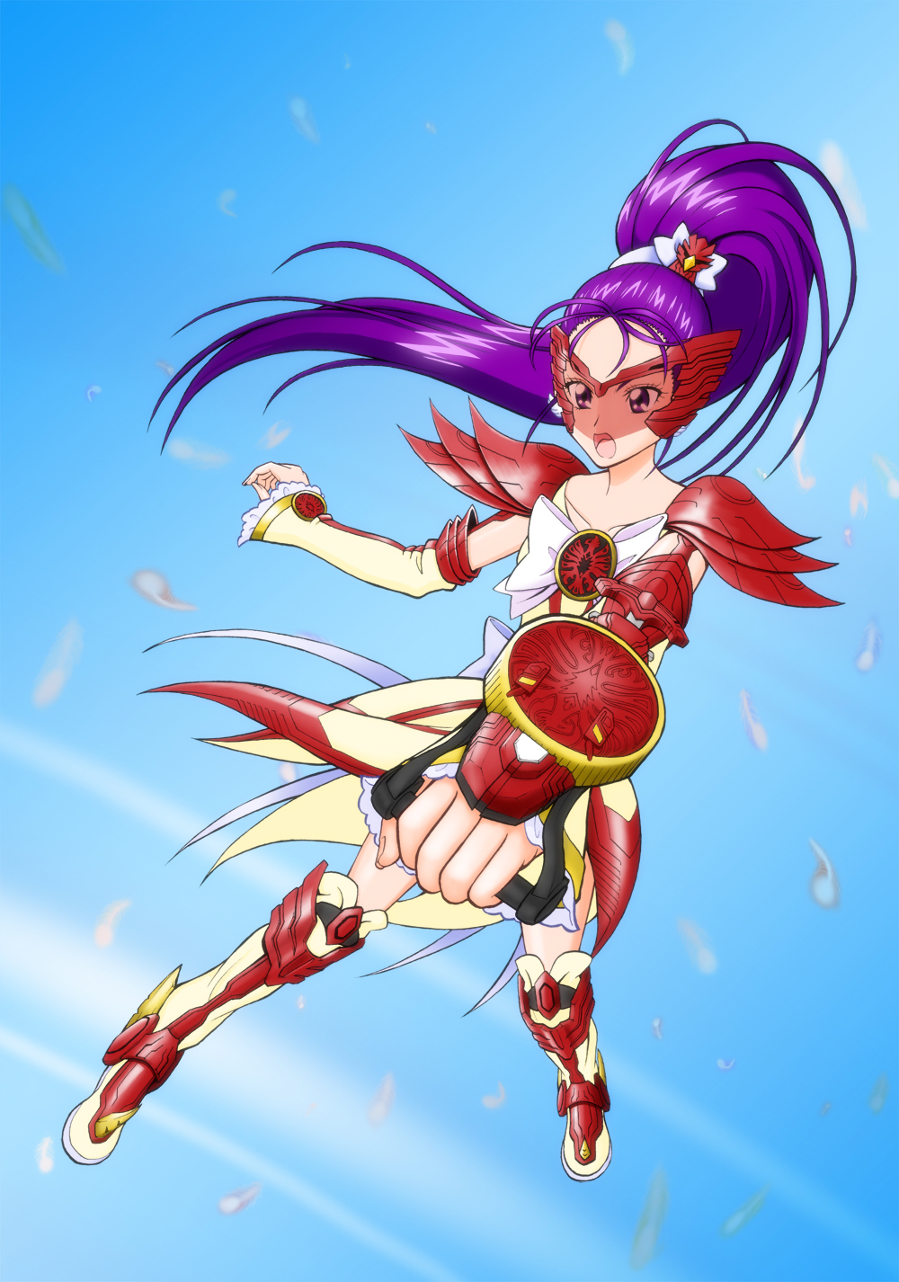 1girl, alternate_costume, arm_warmers, boots, bow, brooch, crossover, cure_egret