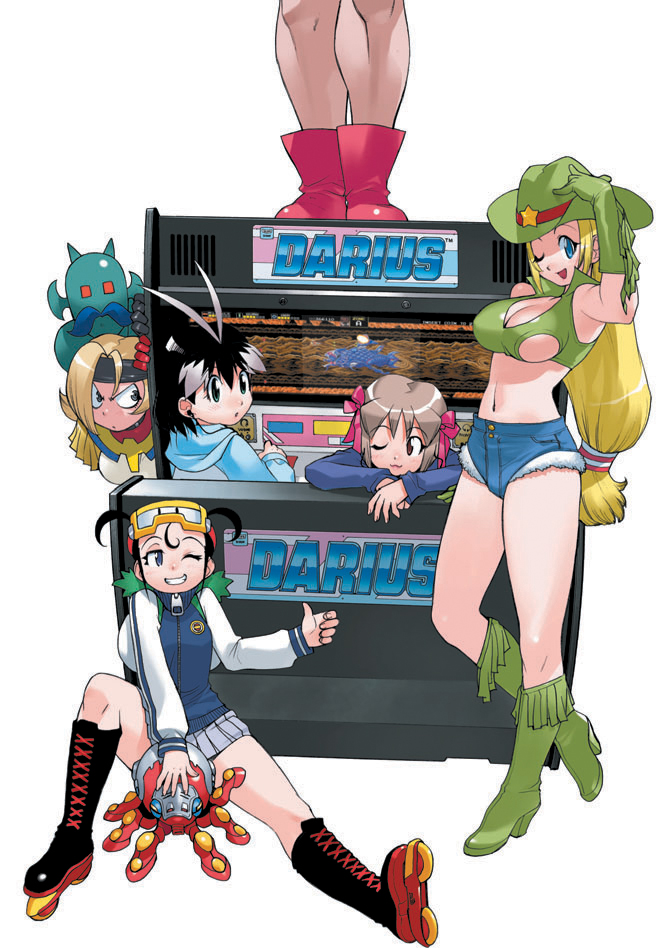 arcade_gamer_fubuki, blonde_hair, blue_eyes, character_doll, character_request, darius, gokubunji_hanako, hanako_kokobunji, inline_skates, jumonji_chizuru, juumonji_chizuru, king_fossil, konami, melody_honey, mine, mystery, octopus, playing_games, roller_skates, sakuragasaki_fubuki, shooter, skates, smile, taito, thumbs_up, wink, yoshizaki, yoshizaki_mine