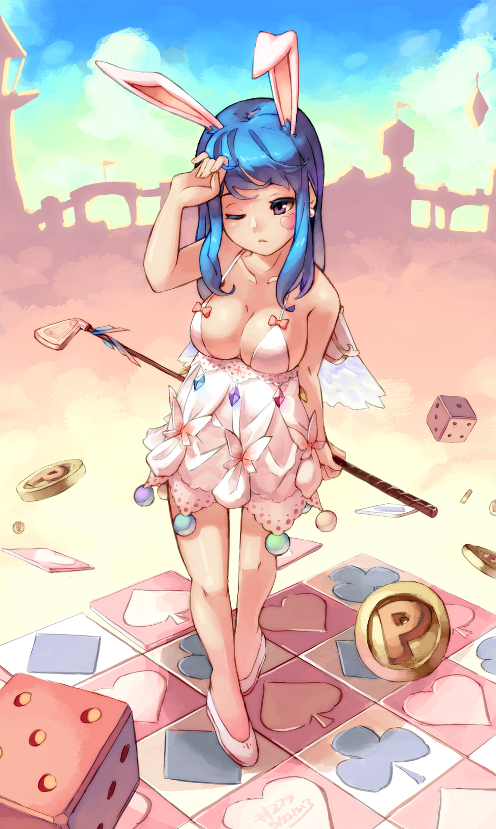 1girl, animal_ears, arin, bare_legs, bare_shoulders, blue_hair, breasts, cleavage
