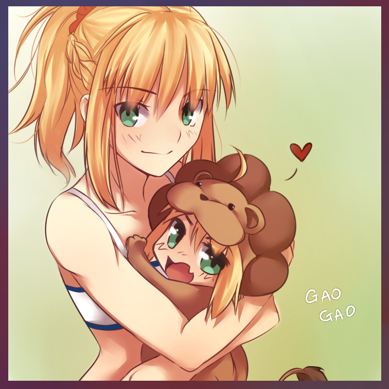 2girls, ahoge, animal_costume, blonde_hair, blush, braid, chibi, colored