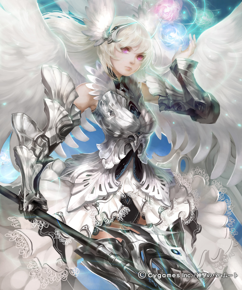 1girl, angel_wings, armor, bare_shoulders, blonde_hair, dress, frills, lace, lips, long_hair, looking_at_viewer, naturaljuice, original, pink_eyes, polearm, solo, spear, watermark, weapon, wings