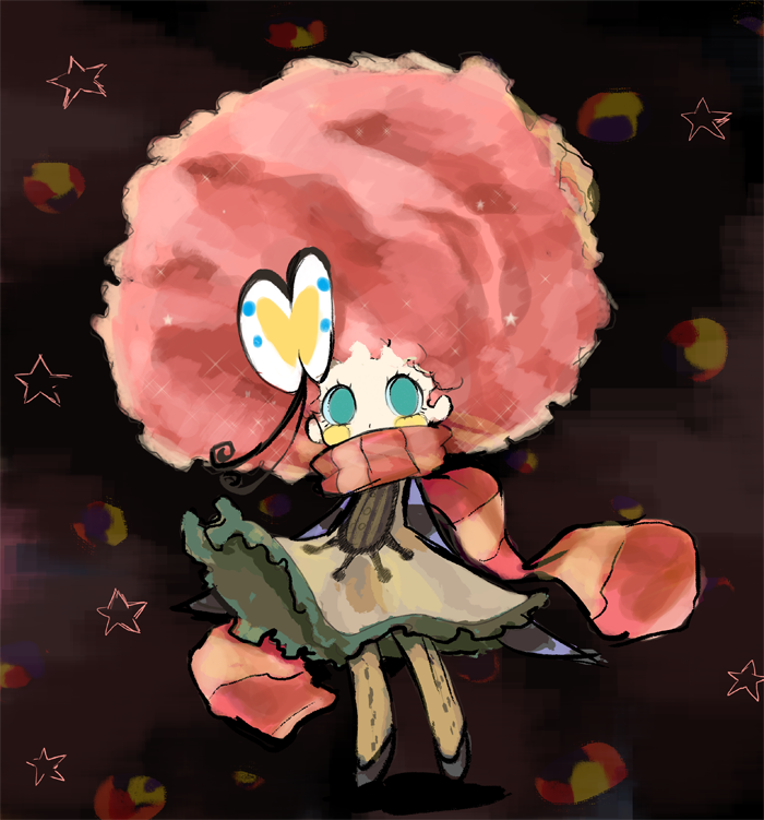 1girl, afro, big_hair, blush_stickers, butterfly_hair_ornament, character_request, chibi, green_eyes, hair_ornament, nenna, no_pupils, pantyhose, pink_hair, scarf, solo, striped, striped_scarf