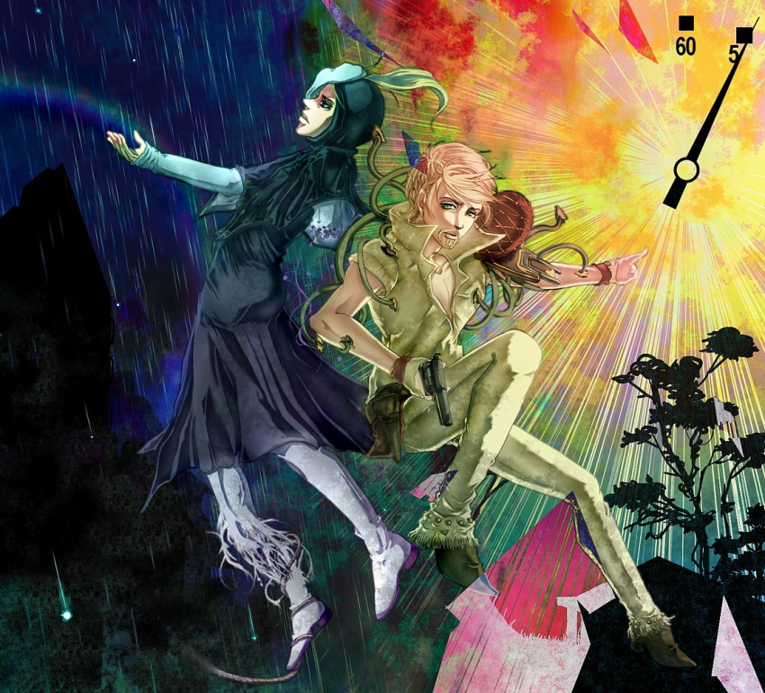 2boys, beard, blackmore, catch_the_rainbow, clock, facial_hair, jojo_no_kimyou_na_bouken, mandom_(stand), mask, multiple_boys, rain, rainbow, ringo_roadagain, stand_(jojo), steel_ball_run, stersissn, umbrella