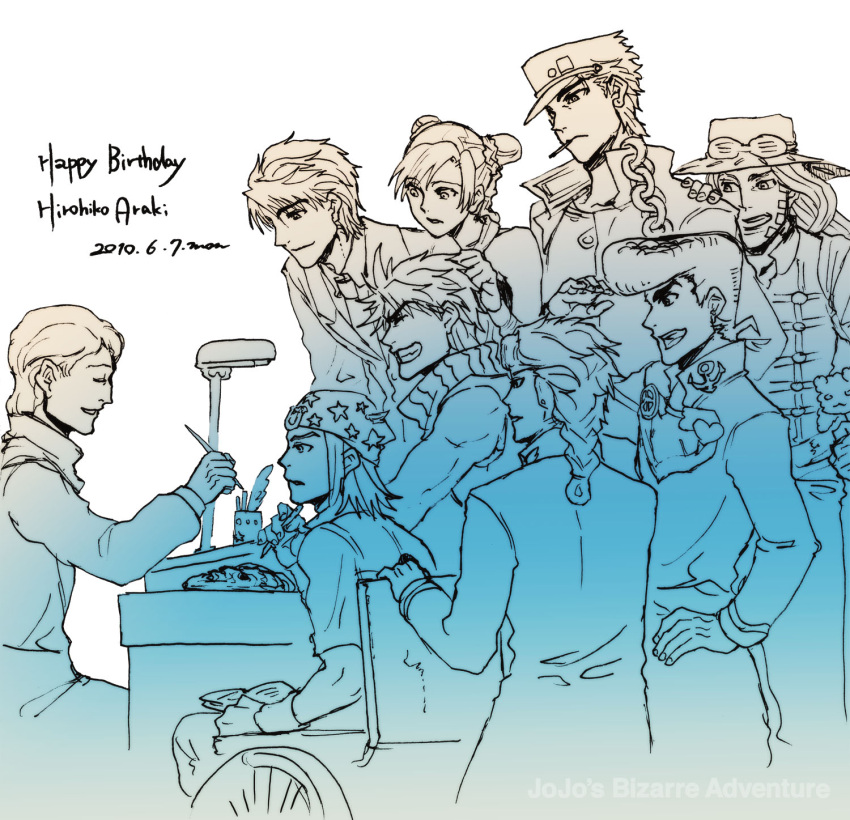 1girl, 6+boys, araki_hirohiko_(persona), desk, fourth_wall, giorno_giovanna, happy_birthday, hat, higashikata_jousuke, highres, johnny_joestar, jojo_no_kimyou_na_bouken, jonathan_joestar, joseph_joestar_(young), kuujou_jolyne, kuujou_joutarou, monochrome, multiple_boys, steel_ball_run, tsutsumi, wheelchair