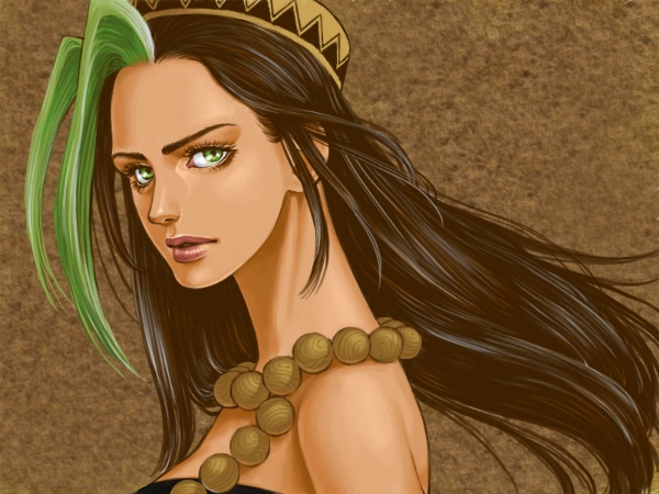 1girl, black_hair, brown_hair, green_eyes, green_hair, hat, jewelry, jojo_no_kimyou_na_bouken, lips, masu0901, multicolored_hair, necklace, realistic, sandman's_sister_(sbr), solo, two-tone_hair