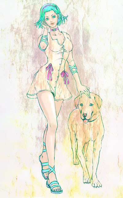 1girl, arnold_(jojo), choker, dog, dress, green_hair, hairband, jojo_no_kimyou_na_bouken