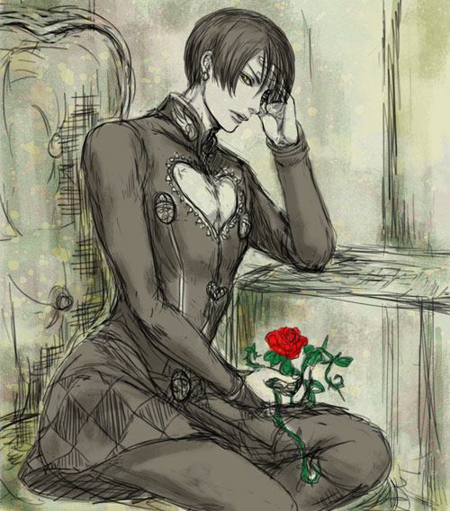 1boy, black_eyes, chair, flower, giorno_giovanna, jojo_no_kimyou_na_bouken, rose, sitting