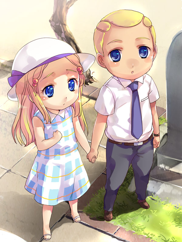 1boy, 1girl, blonde_hair, blue_eyes, brother_and_sister, child, dark_skin, dress