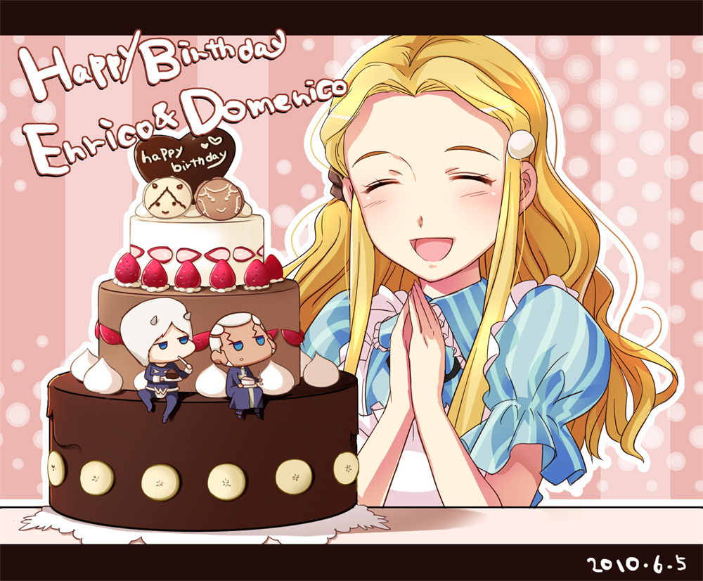 1girl, 2boys, ^_^, blonde_hair, blue_eyes, cake, closed_eyes, cookie