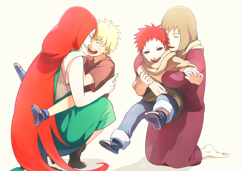 2boys, 2girls, blonde_hair, brown_hair, child, closed_eyes, gaara, happy