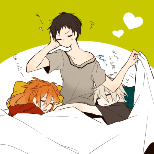 1girl, 2boys, akina422, brown_hair, closed_eyes, heart, ikari_shinji, long_hair