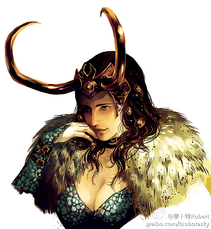 1girl, black_hair, breasts, bridal_gauntlets, cleavage, fur_trim, genderswap, green_eyes, helmet, horns, loki_(marvel), marvel, reine_(artist), solo, watermark, weibo