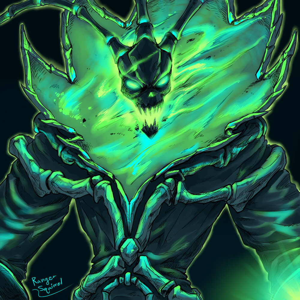bone, coat, fire, league_of_legends, ranger_squirrel, skull, solo, thresh