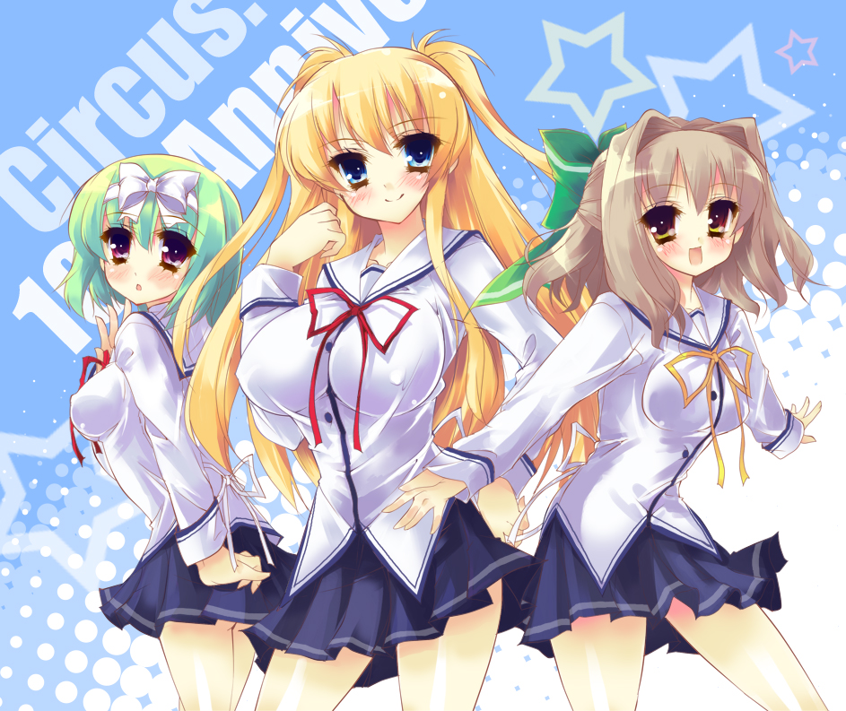 aisia, akikaze_tsumuji, blonde_hair, blue_eyes, blush, bow, brown_hair, da_capo, da_capo_ii, erika_murasaki, green_hair, hair_bow, impossible_clothes, impossible_shirt, multiple_girls, murasaki_erika, oppai_loli, purple_eyes, ribbon, school_uniform, shirt, skirt, smile, star, takanashi_mahiru, violet_eyes, yellow_eyes