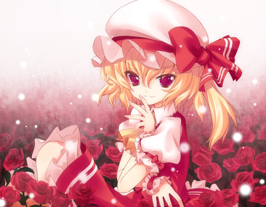 blonde_hair, colored, d2c, dada_sky, fang, flandre_scarlet, flower, hat