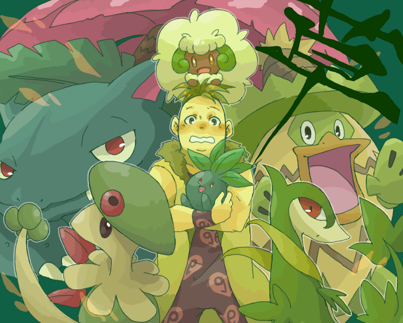 1boy, breloom, coat, crossover, green, jojo_no_kimyou_na_bouken, ludicolo, oddish