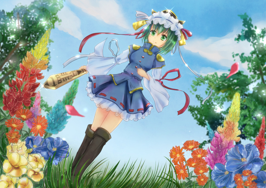 1girl, boots, clouds, dress_shirt, flower, grass, green_eyes, green_hair