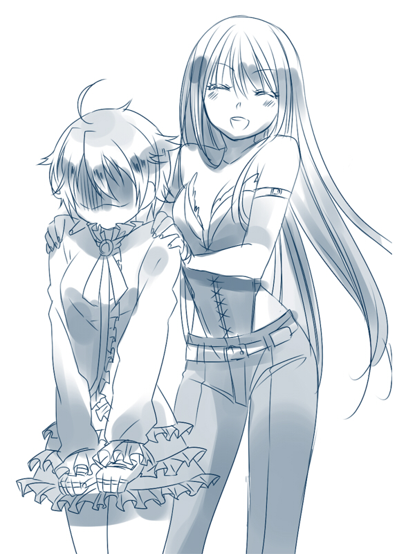 2girls, ahoge, alternate_costume, blush, casual, closed_eyes, cosplay, dress