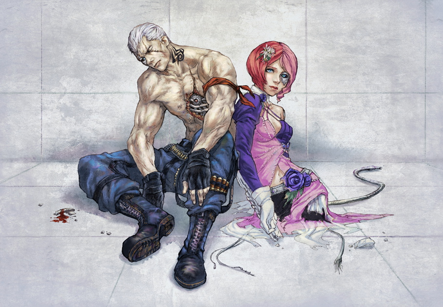 1boy, 1girl, 33_(bell12), against_wall, alisa_boskonovich, asymmetrical_clothes, bandolier, bangs, blood, blue_eyes, broken, bryan_fury, chainsaw, combat_boots, cyborg, dress, fingerless_gloves, flower, gloves, hair_flower, hair_ornament, injury, multicolored_hair, muscle, no_legs, parted_bangs, pink_hair, redhead, scar, shirtless, short_hair, shotgun_shells, sitting, tattoo, tekken, torn_clothes, torn_dress, two-tone_hair, white_gloves, white_hair, wound