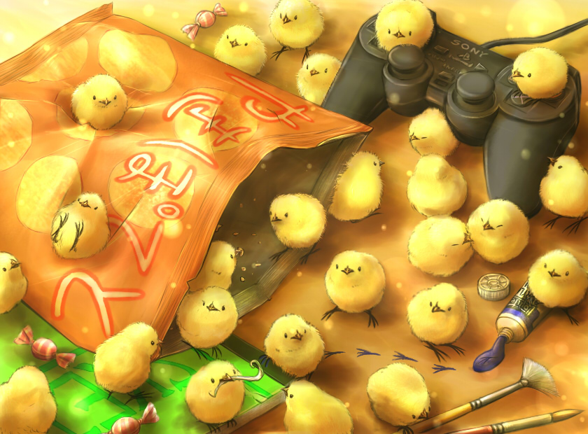 bag, bird, candy, chicken, controller, crumbs, food, footprints