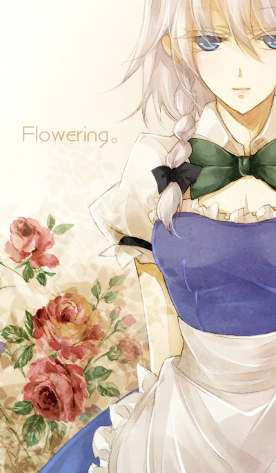 1girl, apron, arms_behind_back, blue_eyes, bow, braid, english, flower