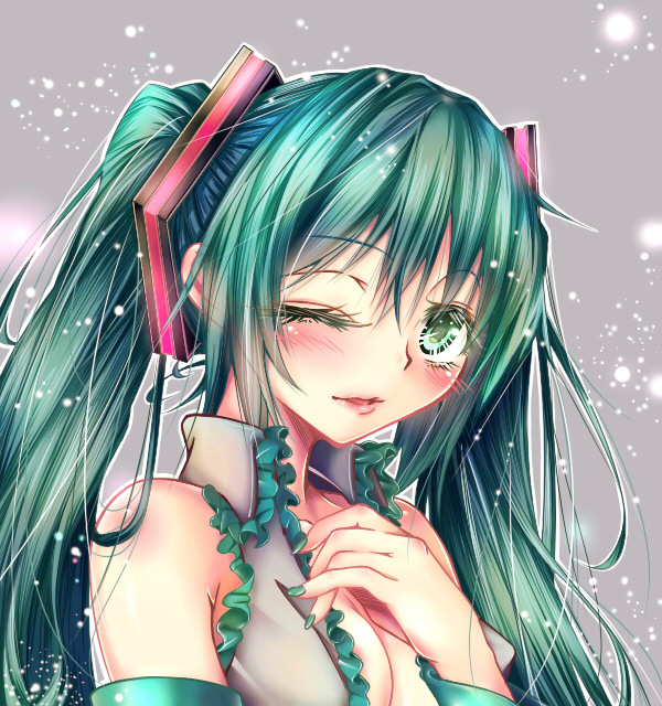 1girl, bush, green_eyes, green_hair, hatsune_miku, long_hair, mitsuki_(omezame_alice), nail_polish
