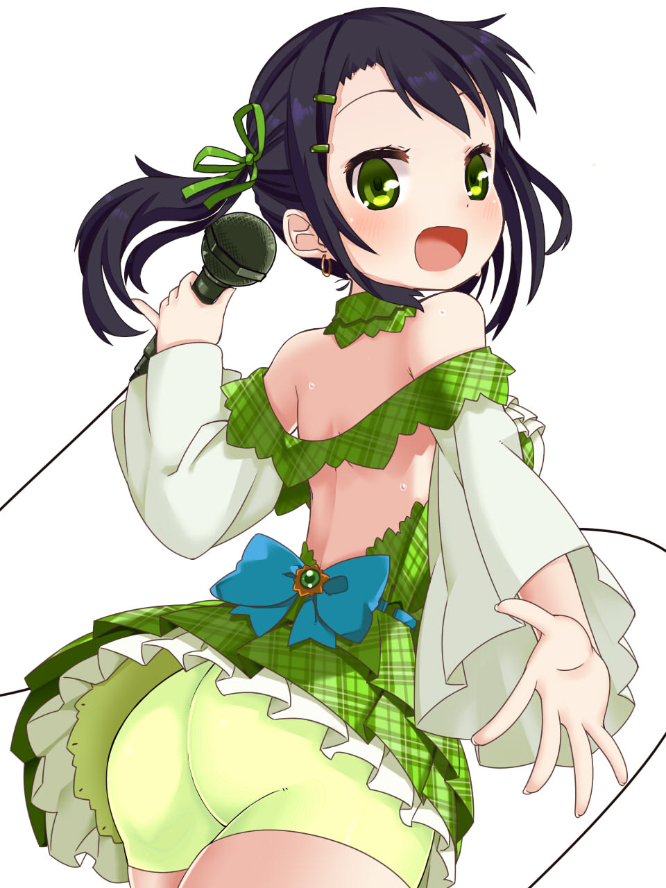 1girl, :d, ass, bike_shorts, blush, green, green_bike_shorts, green_eyes