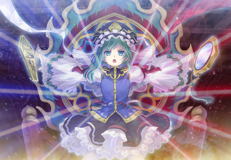 1girl, armband, asymmetrical_hair, blue_eyes, cleansed_crystal_mirror, embellished_costume, frills, green_hair