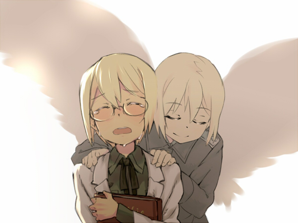 angel_wings, blonde_hair, closed_eyes, crying, erica_hartmann, glasses, labcoat, military, military_uniform, ribbon, short_hair, siblings, sisters, strike_witches, tears, twins, uniform, uno_ichi, ursula_hartmann, wings