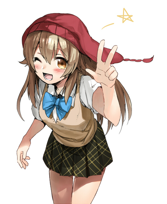 1girl, ;d, blush, bow, brown_eyes, brown_hair, erubo, hat
