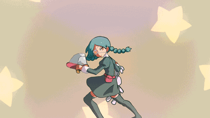 1girl, animated, annie_(skullgirls), belt, belt_pouch, boots, braid, eyepatch, green_hair, knife, lowres, nenna, skullgirls, solo, star, thigh-highs, thigh_boots, twin_braids, twintails, wrist_cuffs, yellow_eyes