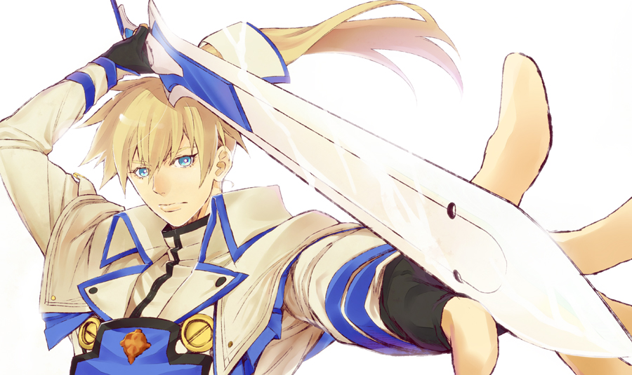 1boy, blonde_hair, blue_eyes, capelet, fighting_stance, fingerless_gloves, gloves, guilty_gear