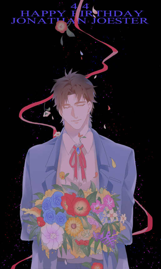 1boy, a821, birthday, bouquet, dated, flower, formal, happy_birthday
