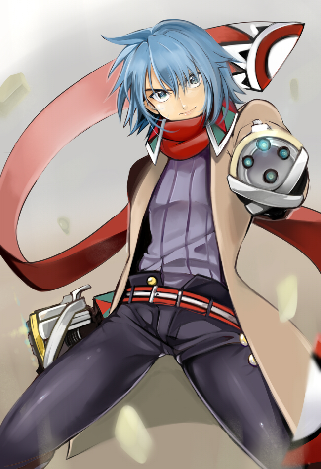 1boy, belt, blue_eyes, blue_hair, coat, dean_stark, grey_background, male