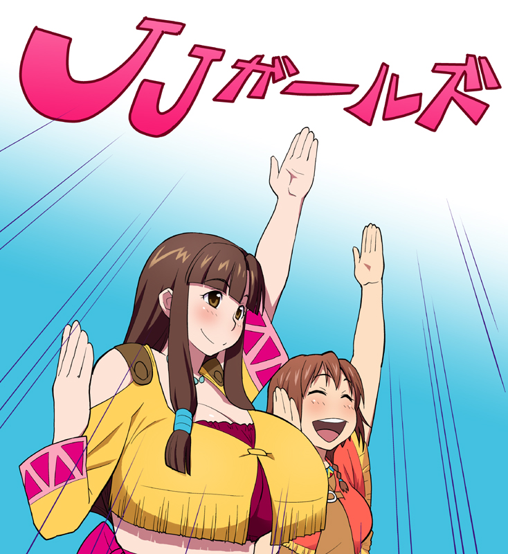 2girls, amy_(suisei_no_gargantia), breasts, brown_eyes, brown_hair, cleavage, closed_eyes, huge_breasts