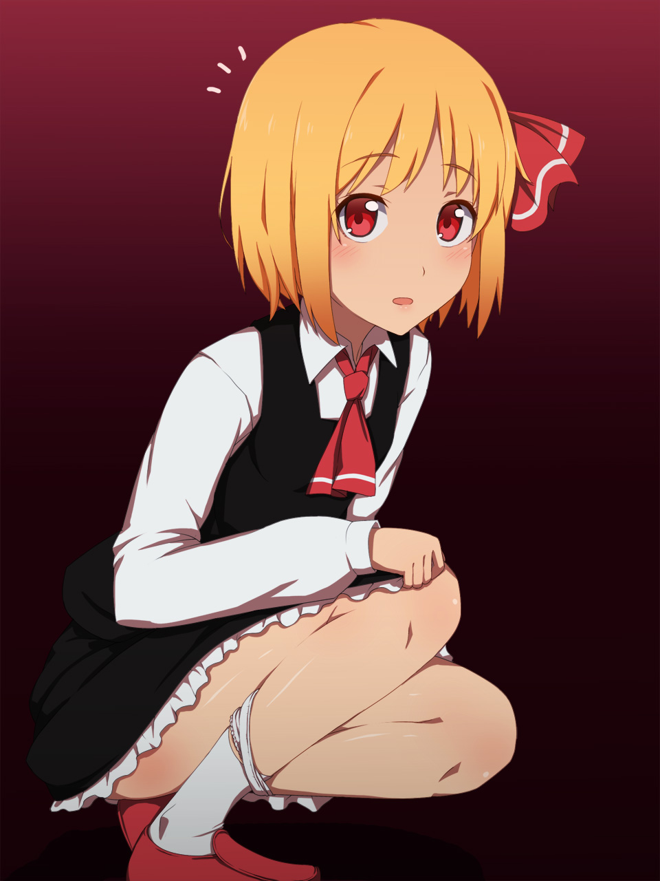 1_(kawaseha), 1girl, bare_legs, blonde_hair, gradient, gradient_background, hair_ribbon, highres, panties, panties_around_ankles, panty_pull, parted_lips, red_eyes, ribbon, rumia, short_hair, simple_background, socks, solo, squatting, touhou, underwear, white_legwear