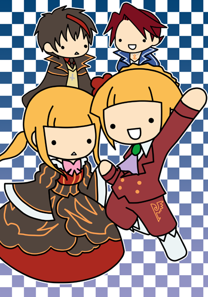 1girl, 2boys, :<, :d, anchor, androgynous, beatrice, blonde_hair