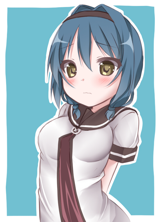 1girl, arms_behind_back, blue_background, blue_hair, blush, breasts, brown_eyes, furutani_himawari