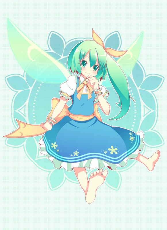 1girl, barefoot, daiyousei, fairy_wings, greave_(asterism), green_eyes, green_hair, hair_ribbon, long_hair, ribbon, si, side_ponytail, soles, solo, toes, touhou, wings