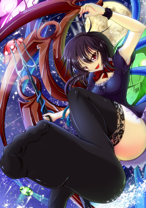 1girl, black_hair, black_legwear, campbell_(pixiv), fang, feet, houjuu_nue, moon