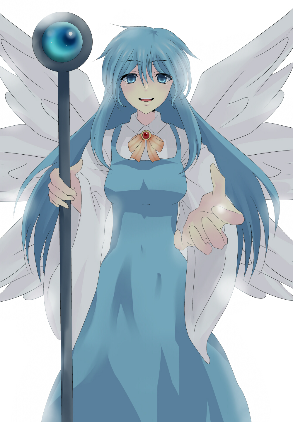 blue_eyes, blue_hair, highres, multiple_wings, ribbon, sariel, seraph, solo
