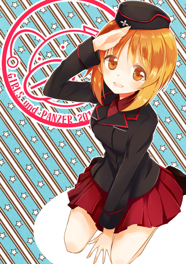 1girl, blush, boots, brown_eyes, brown_hair, girls_und_panzer, hat, jacket