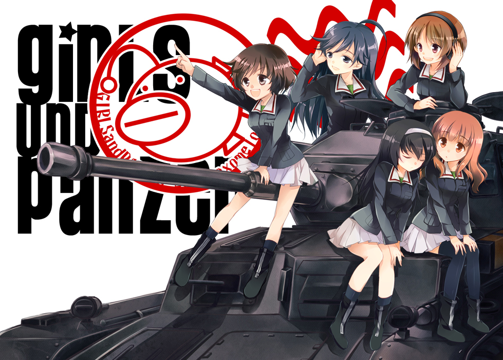 5girls, akiyama_yukari, blush, boots, brown_eyes, brown_hair, cannon, girls_und_panzer