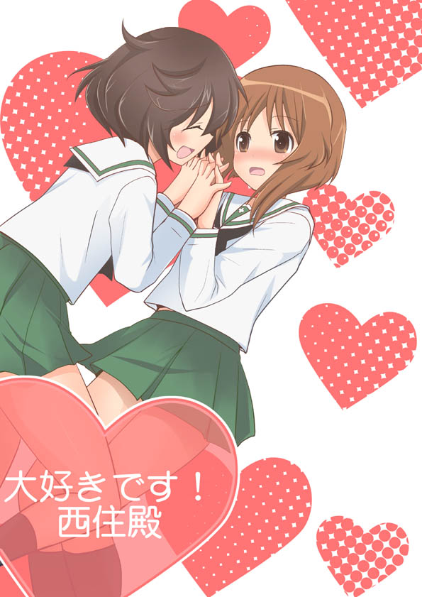 2girls, akiyama_yukari, blush, brown_eyes, brown_hair, closed_eyes, girls_und_panzer, holding_hands